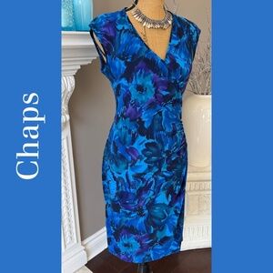 Chaps Blue Floral Ruched Sheath Midi Dress Stretch Sleeveless Flattering Size M